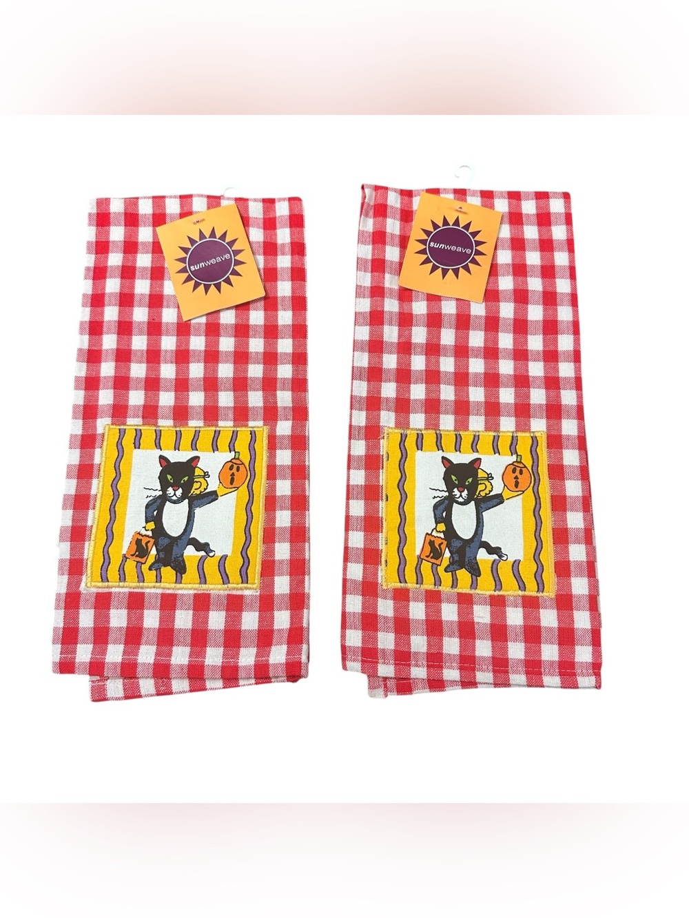 Sunweave Halloween Black Cat Gingham Kitchen Towels Set of 2 NWT Cotton